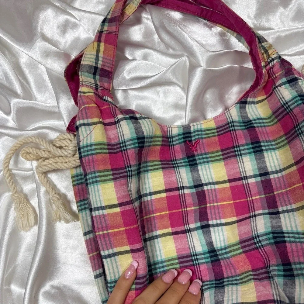 y2k Hobo Bag Pink Excellent American Eagle Plaid Rope Drawstring Canvas Tote